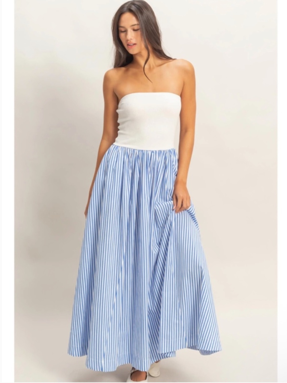 NEW Double Zero Blue Striped Strapless Flowy Midi Dress Medium